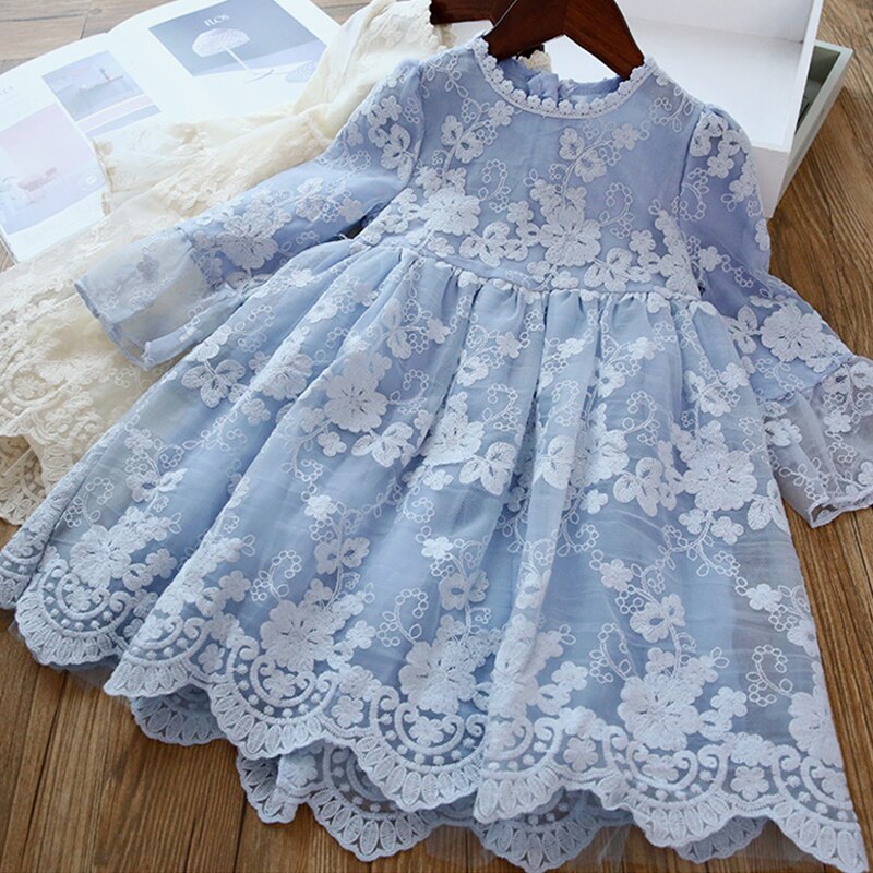 Autumn Girl Long Seleeve Dress Lace Tulle Embroidery Princess Costume Children Birthday Party Vestidos Kids Casual Clothes