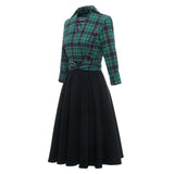 England Style Green Plaid Women Party Dress Hepburn Black Patchwork 3/4 Long Sleeve Autumn Winter 50s Swing Midi Vintage Dresses