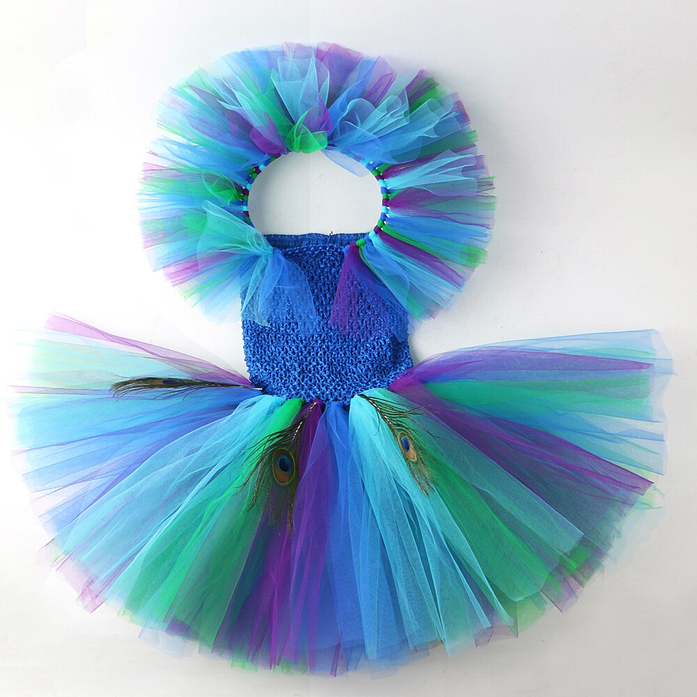 Princess Girl Peacock Tutu Dress for Kids Performance Halloween Costumes Girls Pageant Fancy Dresses Dance Birthday Party Outfit
