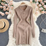 Women Polo Neck Long Sleeve Mini Dress Front Button Sexy Party Ribbed Knitted Bodycon Dress