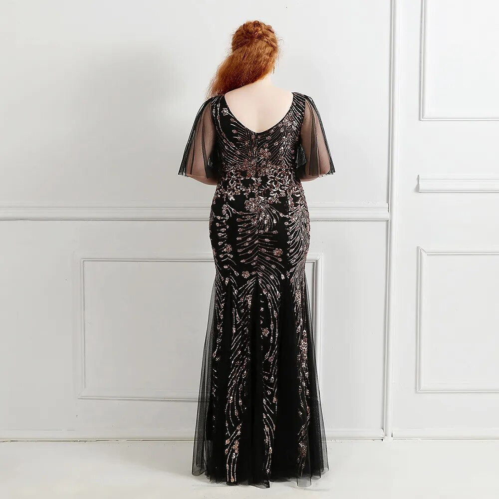 PLUS Size Black Gold V Neck Party Dress Women Short Sleeve Elegant Sequin Evening Long Prom Dress
