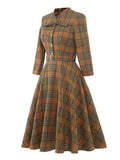 V-Neck Bow Front Buttons Plaid 50s Vintage Cotton Dress Women Spring Autumn 3/4 Sleeve Elegant Party Midi A Line Dresses