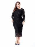 Lace Evening Dress Cut Out O Neck Wrap Elegant Formal Occasion Dress Full Sleeve Tea Length Women Lace Dress