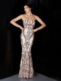 Asymmetrical Bright Long Etiquette Celebration Evening Dress Strapless Mermaid Sexy Sequins Gown