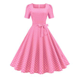 Square Neck Vintage Polka Dot A Line Swing Thin Fabric Summer Short Sleeve Casual Belted Dress