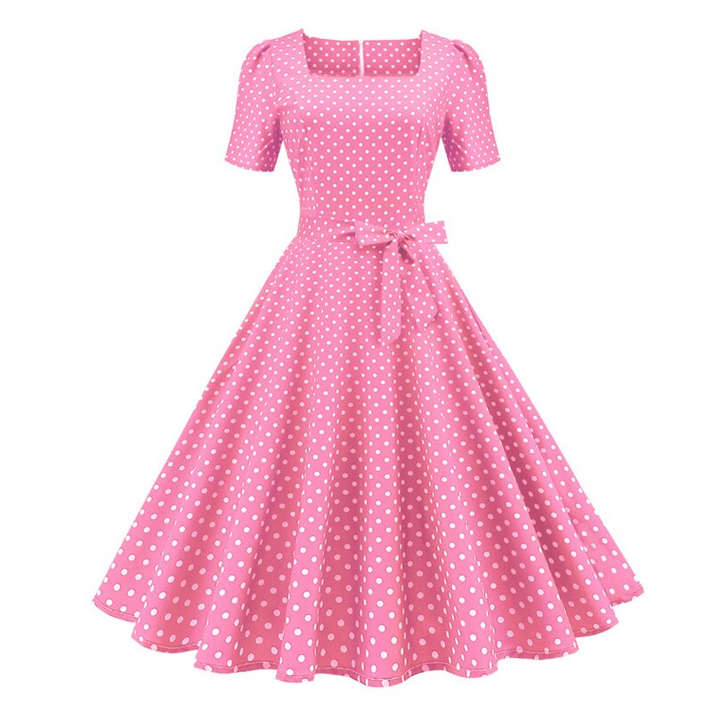 Square Neck Vintage Polka Dot A Line Swing Thin Fabric Summer Women Short Sleeve Casual Belted Dresses