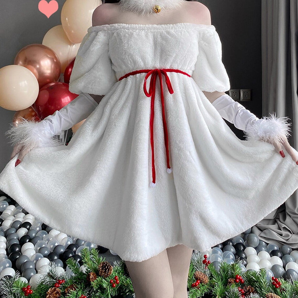 Women Christmas Xmas Lady Santa Claus Elk Halloween Cosplay Costume Sexy Lingerie White Winter Dress Maid Waitress Uniform