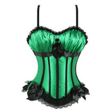 Women Sexy Lace Corset Dress Satin Striped Cup Straps Corset Bustier Lingerie Top With Asymmentrical Floral Skirt Set Green