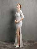 New White Long Slit Party Dress Women See-through Sequin Evening Dress