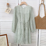 Women Chiffon Elegant Vintage Print Casual Dress Round Neck Long Sleeve Mini Dress With Belt