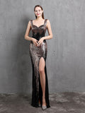 Sleeveless Woman Party Night Sequins Dress Side Split Long Elegant Shinning Evening Dress