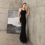 Sleeveless Tassels Evening Dress Halter-Neck Formal Dress For Women Backless Long Robe De Soriee Sequin Prom Mermaid Party Dress