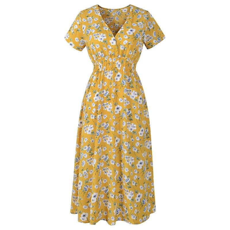 Elegant Floral Print Women Summer Dress Casual V Neck Short Sleeve Chiffon A Line Vintage Party Midi Sundress Plus Size Vestidos