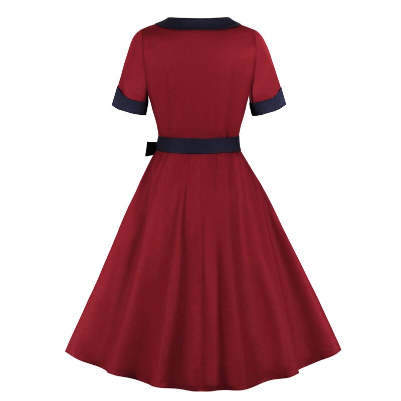 Short Sleeve 50S 60S Retro Vintage Summer Women Dress With Belt Red Green Holiday Party Sundress A Line Swing Rockabilly Dresses