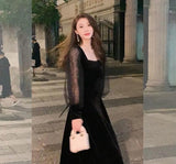 Black Velvet Midi Dress Women Party Puffer Sleeve Lace Vintage One Piece Dress Korean Fashion 2021 Winter Elegant Dress Females
