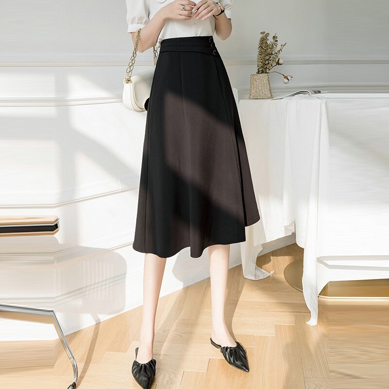 Office Lady Elegant A-line Long Korean Style Solid Color High Waist Women Casual Skirt