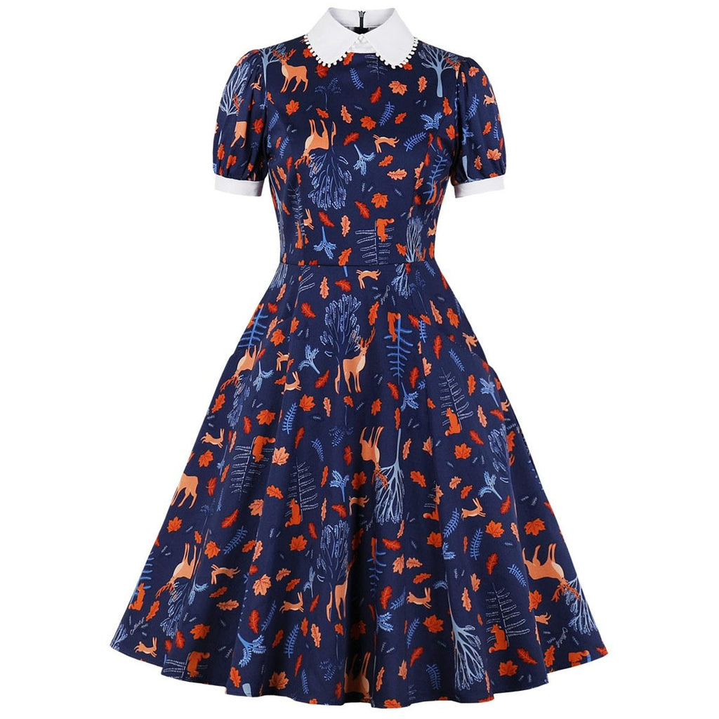 2023 Christmas Women Party Retro Dress Cotton Floral Print Turn Down Collar Short Sleeve Pin Up Rockabilly Swing Casual Sundress