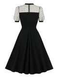 Vintage Style High Waist Solid Elegant Party Swing Dresses for Women Summer Mesh Sleeve Knee Length Black Dress