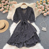 V Neck Short Puff Sleeve Ruffle Hem Wrap Dress Floral Print Casual Mini Dress