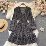 Print Casual Spring Autumn V Neck Long Sleeve Dress Elastic Waist Ruffle Hem Mini Dress