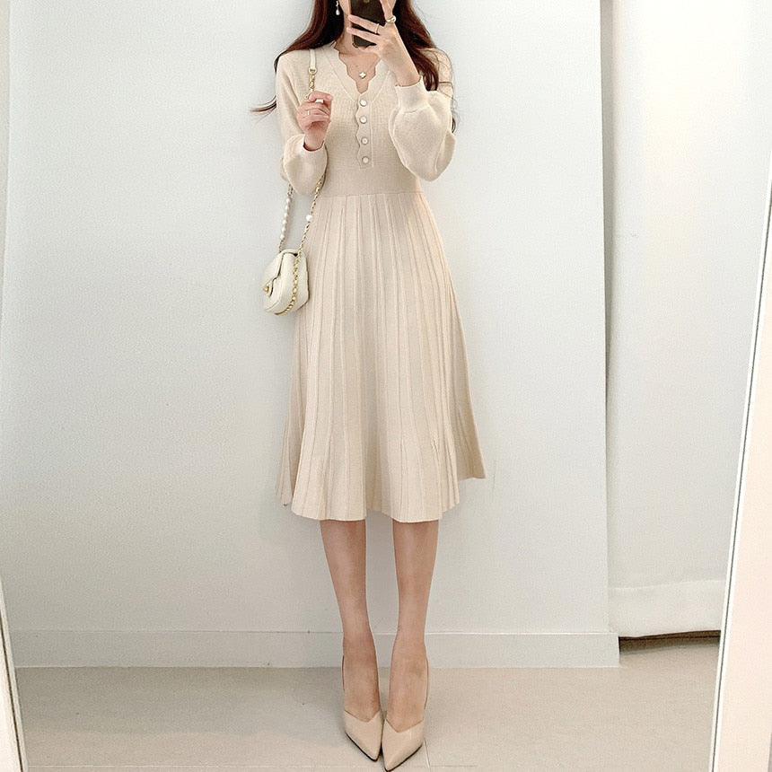 Women Elegant Office Autumn Winter Dress Wave Edge V Neck Long Sleeve Casual Knitted Midi Dress