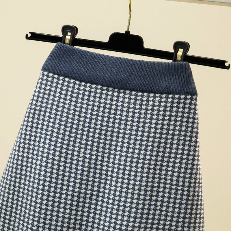 Elegant Office Lady Houndstooth Contrast Color Elastic High Waist Knit Pencil Midi Skirt