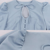 1950s Women Spring Party Retro Sleeve Bow Neck Button Up Shirt Swing Tunic Blue Vintage Dresses