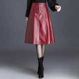 Office Midi Women Leather Maxi Skirt Ladies High Waist Pocket Autumn Red Black Formal Skirt