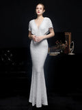 Women White Sequin V Neck Beaded Party Dress Elegant Prom Dress