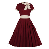 Turquoise Bow Tie Neck Pleated Elegant Party Midi Cotton Vintage High Waist Pocket Swing Dress Plus Size