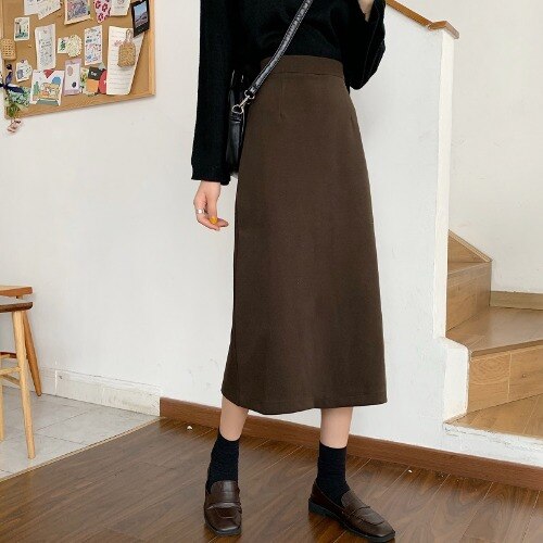 Women High Waist Long Korean Style Solid Color All-match Straight Ladies Elegant Casual Skirt