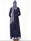 Muslim Women Robe Sequin Leaf Embroidered National Arab women Formal Dress Navy Black Long-Sleeve Gowns Tulle O-neck Vestioes