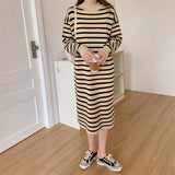 Fall Winter Midi Dresses For Women Clothing Mock Neck Long Sleeve Elegant Striped Dress Loose Casual Knitted Dress