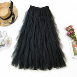 Spring Women Elastic High Waist A-Line Irregular Layered Mesh Elegant Long Skirt Streetwear