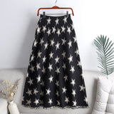 Contrast Color Star Pattern Casual Elastic High Waist Frayed Hem A Line Knit Midi Skirt