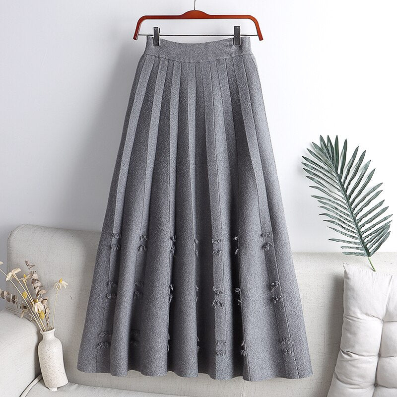Women Winter Elastic High Waist Pleated Midi Skirt Frayed A Line Elegant Solid Knitted Skirts