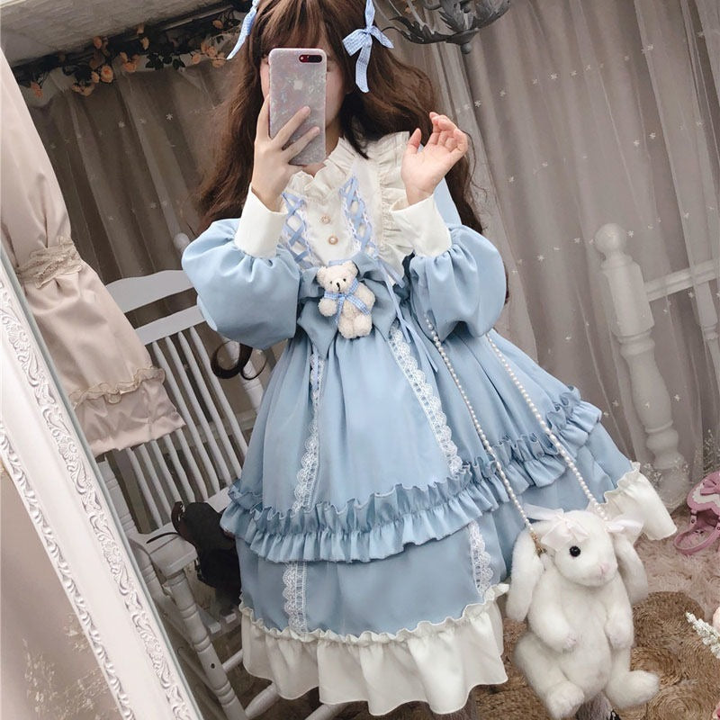Japanese Gothic Lolita Dress Women Kawaii Bow Bear Lace Blue Dress Long Sleeve Princess Dress Halloween Costume Gift For Girls