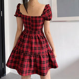 2023 England Style Gothic Plaid A-Line Women Mini Dresses Grunge Punk Bandage Skinny Party Dress Short Sleeve Summer Streetwear