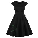 Lace Up Side Bat Embroidery Halloween Party Black Sweetheart Cap Sleeve Vintage Retro Tunic Dress