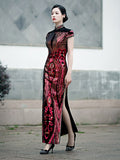 New Sequins Cheongsam Embroidered High-slit China Formal Evening Dress Women Short-Sleeve Long Dress