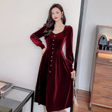 Women Chic Square Collar Dresses Vintage A-Line Vestidos Elegant Lantern Sleeve Female Party Dress