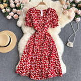 Leaf Floral Print Women Summer Short Puff Sleeve Casual Midi Dress Knee Length Square Neck Elegant Vintage Dress