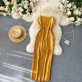 Sleeveless Summer Spaghetti Strap Sexy Shimmer Satin Elegant Party Ladies Slim Pleated Midi Dress