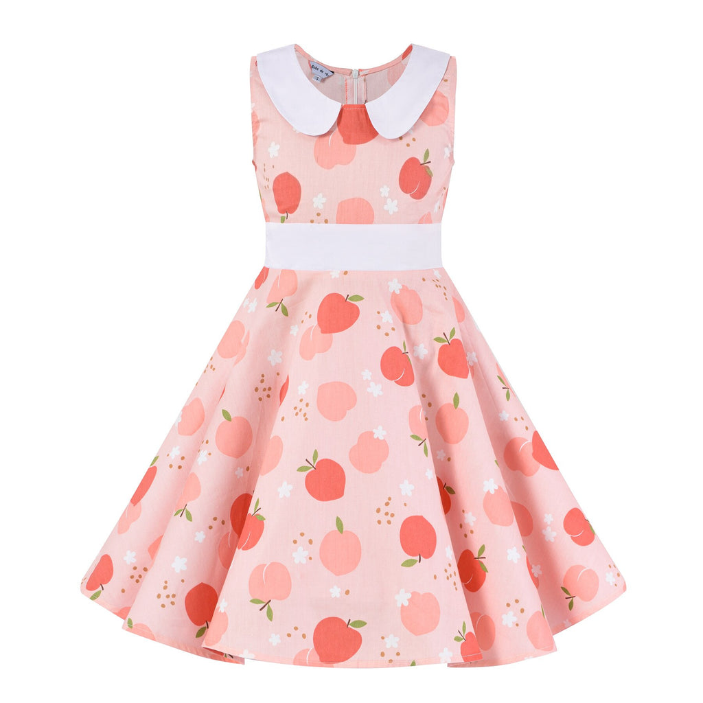 50s Tunic Midi Vintage Kids Pink Blue Swing Cotton Retro Cherry Floral Print Summer Dress for Girl