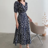Korea Style Summer Print Floral Dress Women V Neck Short Sleeves Chiffon Bohemian Dresses Beach Midi Female Wrap Dress