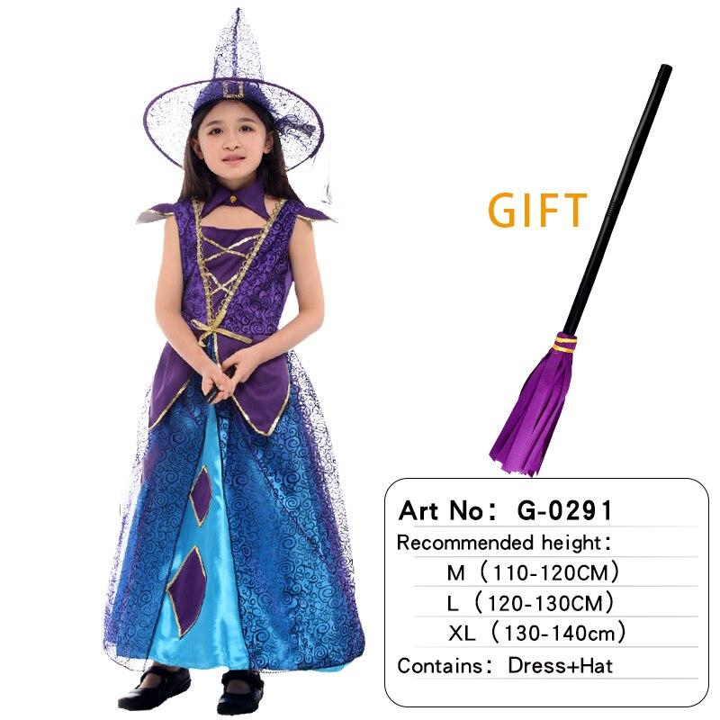 Halloween Children Girls Cosplay Witch Costume Attached Broom Teens Baby Girl Gown Witch Dress Clothing Set Hat