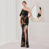 Women Black Elegant Off Shoulder Slit Sequin Evening Dress Beads Party Maxi Dress