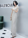 V-neck Sequins Evening Dress Women Elegant Beaded Long Evenning Party Dress Mermaid Formal Dresses