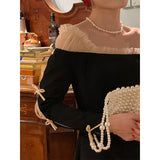 Korean Fahsion Evening Party Dress Women Off Shoulder Bow Vintage Midi Dress Lady Elegant Long Sleeve Black Dress 2021 Winter