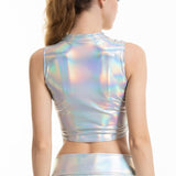 2 Pcs/Set Sexy Shiny Holographic Turtleneck Sleeveless Tank Top Metallic Wet Look A-line Mini Skirt